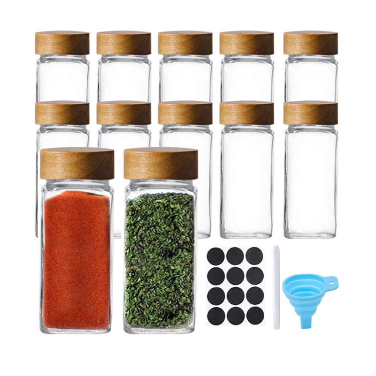 Top Seller 12 pcs 4oz 120ml Square Airtight Screw Wooden Caps Spice Glass Bottles jar Set with Shaker Lids and Labels