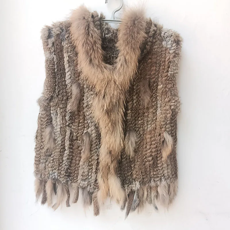 Women Spring Hooded Knitted Real Fur Vest Hot-sale Knitted short rabbit fur gilet with hood with raccoon fur trim for women