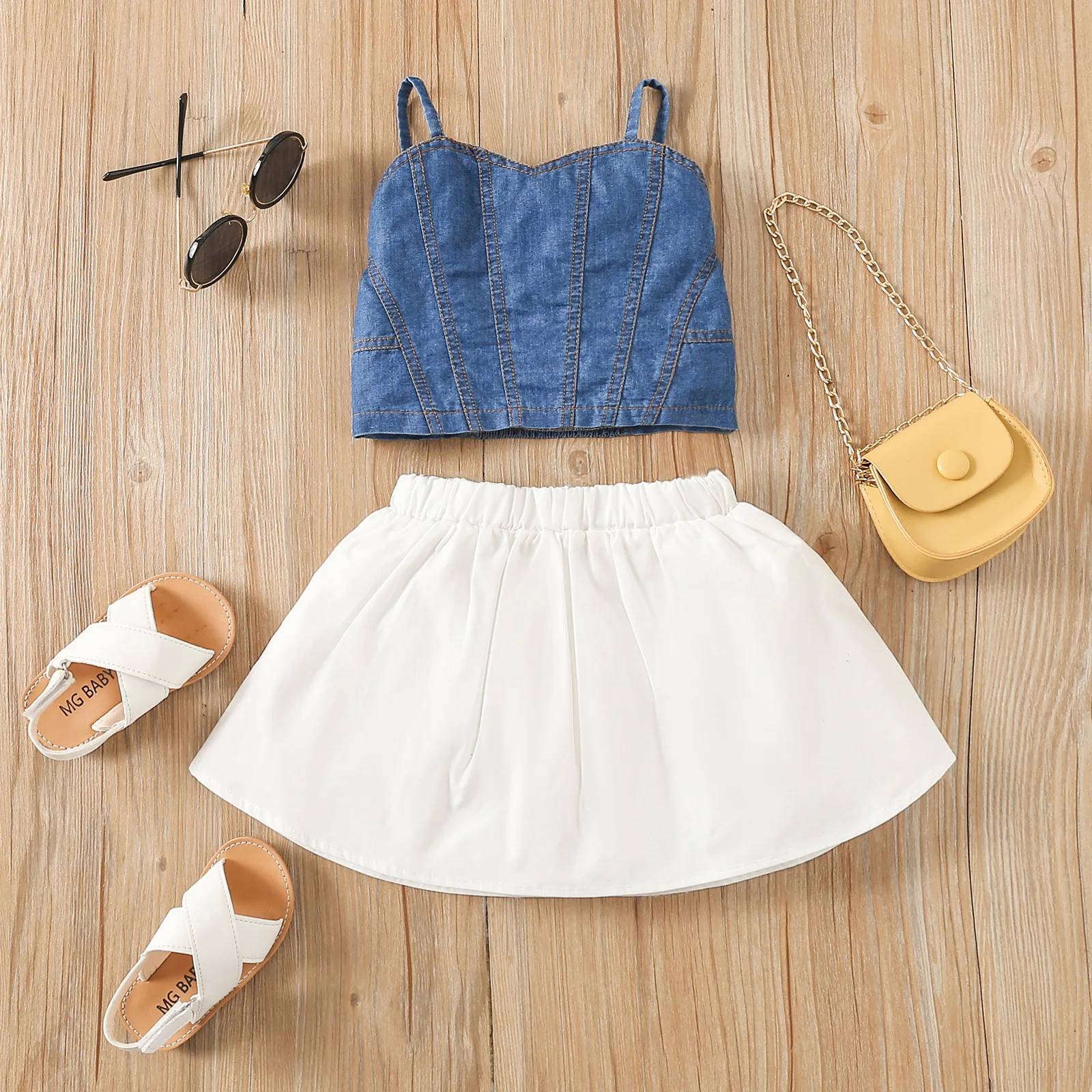 Denim Top And Skirt 2pcs Summer Skirts 2022 Kids Children Dress Outfits Toddler Girls Summer White Pleated Skirt Sets