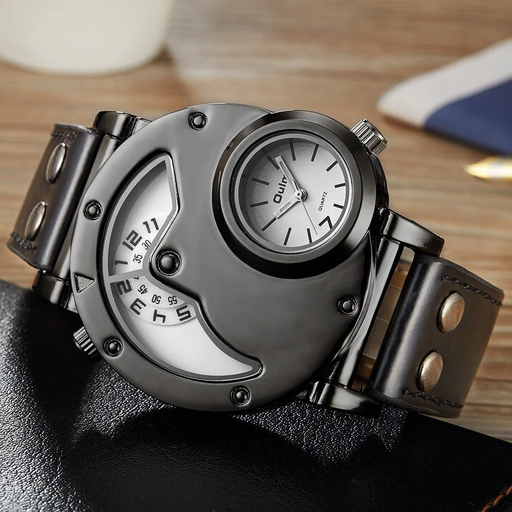 Waterproof Oulm Quartz Watch PU Leather Band Water Resist Auto Date Vintage Sports Wristwatch for Men