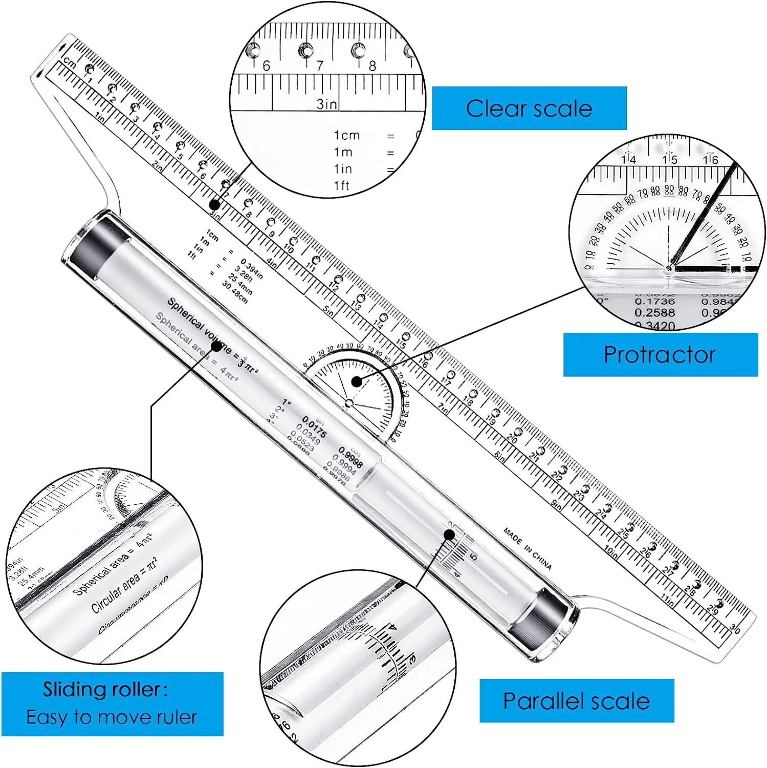 15cm Plastic Measuring Rolling Ruler Drawing Roller Ruler Parallel Multi-function Drawing