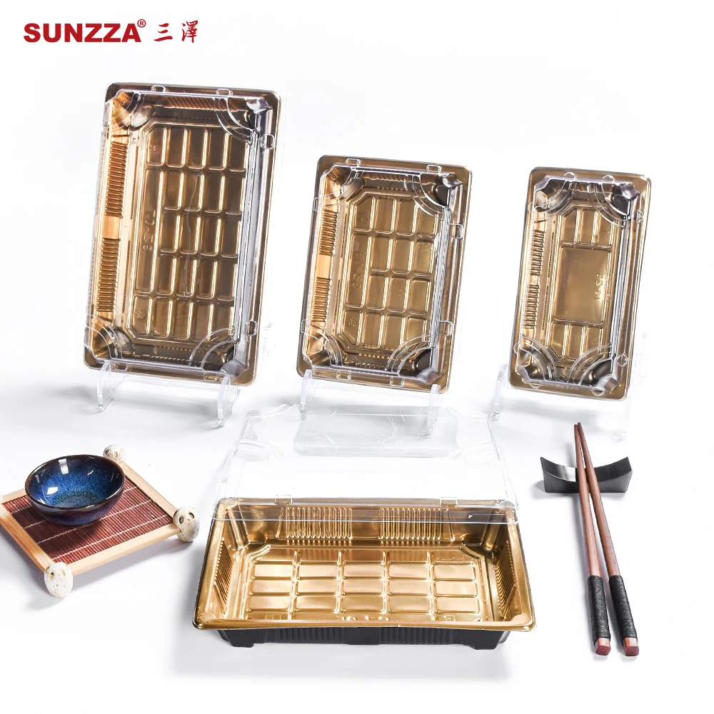 Sunzza Customized plastic gold shinny printing food grade to go Food Packaging Containers Disposable Sushi Packaging Box