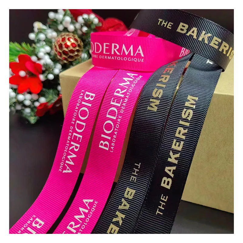 Silk Gross Grain Embossed Logo  100 Yards Gold 3d Foil Printed Black Satin RIBBONS Roll Custom Grosgrain Ribbon With Logo