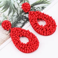 Statement Ethnic Bohemian Single Side Seed Rice Beads Geometric Oval Long Drop Earring for Women Handmade Fashion Jewelry