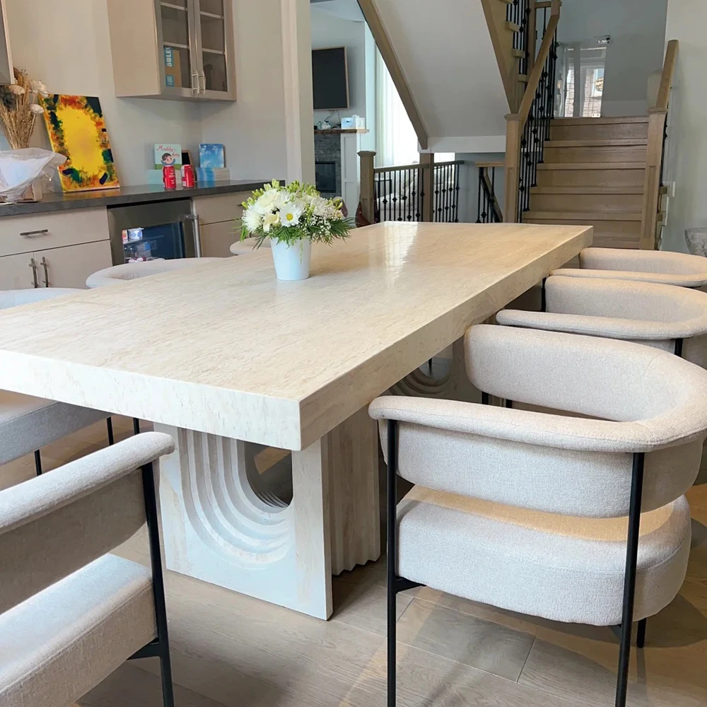 Custom Household White Travertine Marble Italian Dining Table Natural Stone Rectangle Travertine White Mable Dining Table