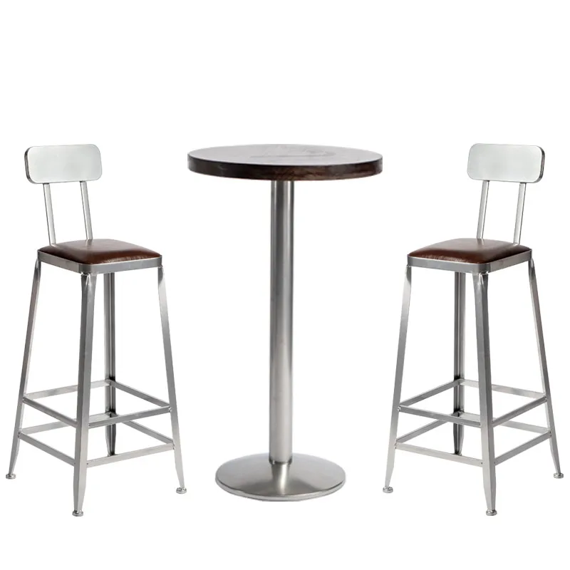 Metal Solid Wood Back High Bar Chairs Industry Style Bar Table And Chair Silver Metal Bat Set