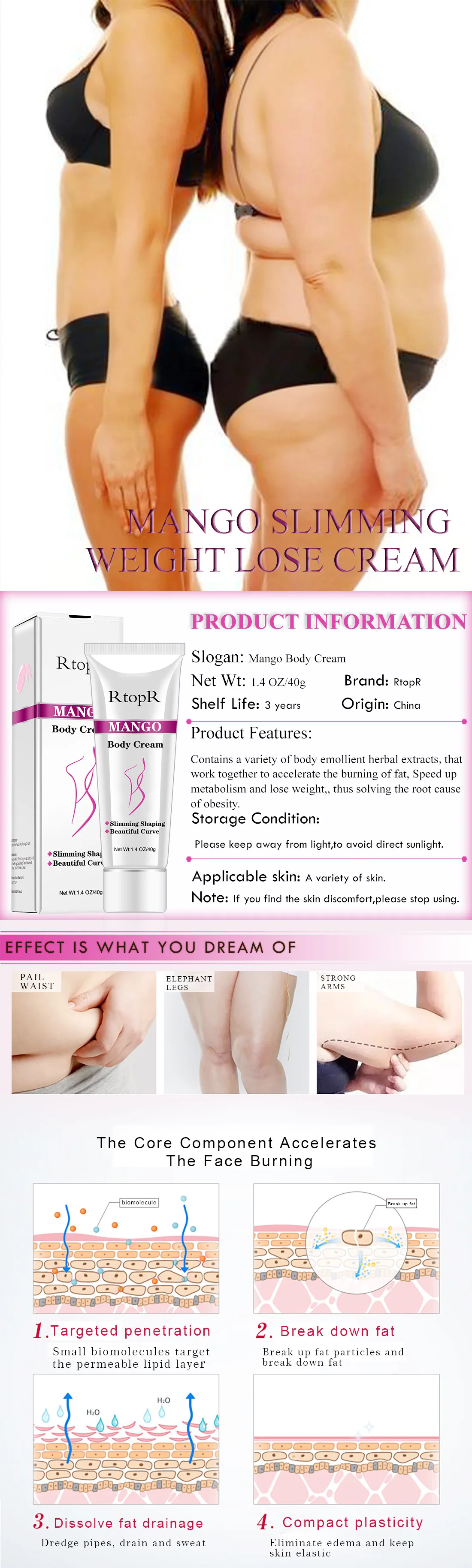 RTS Hot Selling Best Beautiful Curve Weight Loss Stomach Slimming Rtopr Mango Body Cream