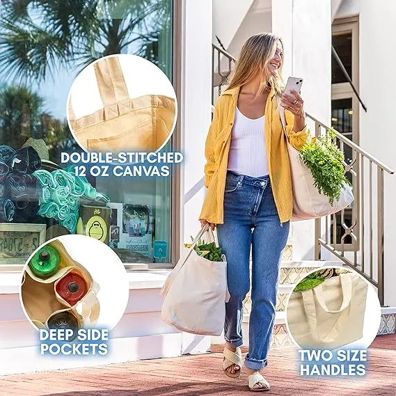 Custom Logo Canvas Grocery Bag Set with Real Pockets Long Shoulder Strap Short Handle Heavy Duty Foldable Washable for Shopping