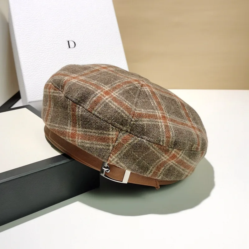 Winter Autumn Ladies Fashion Warm Plaids Wool Beret Hat