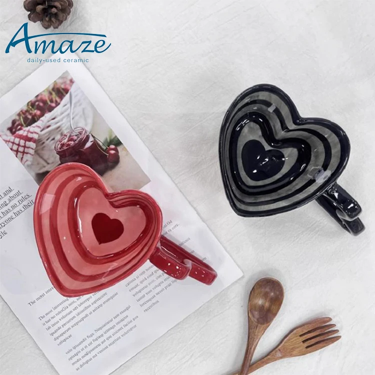 Custom hand painting stripe heart shape tea mug custom color creative ceramic coffee mug with heart shape handle