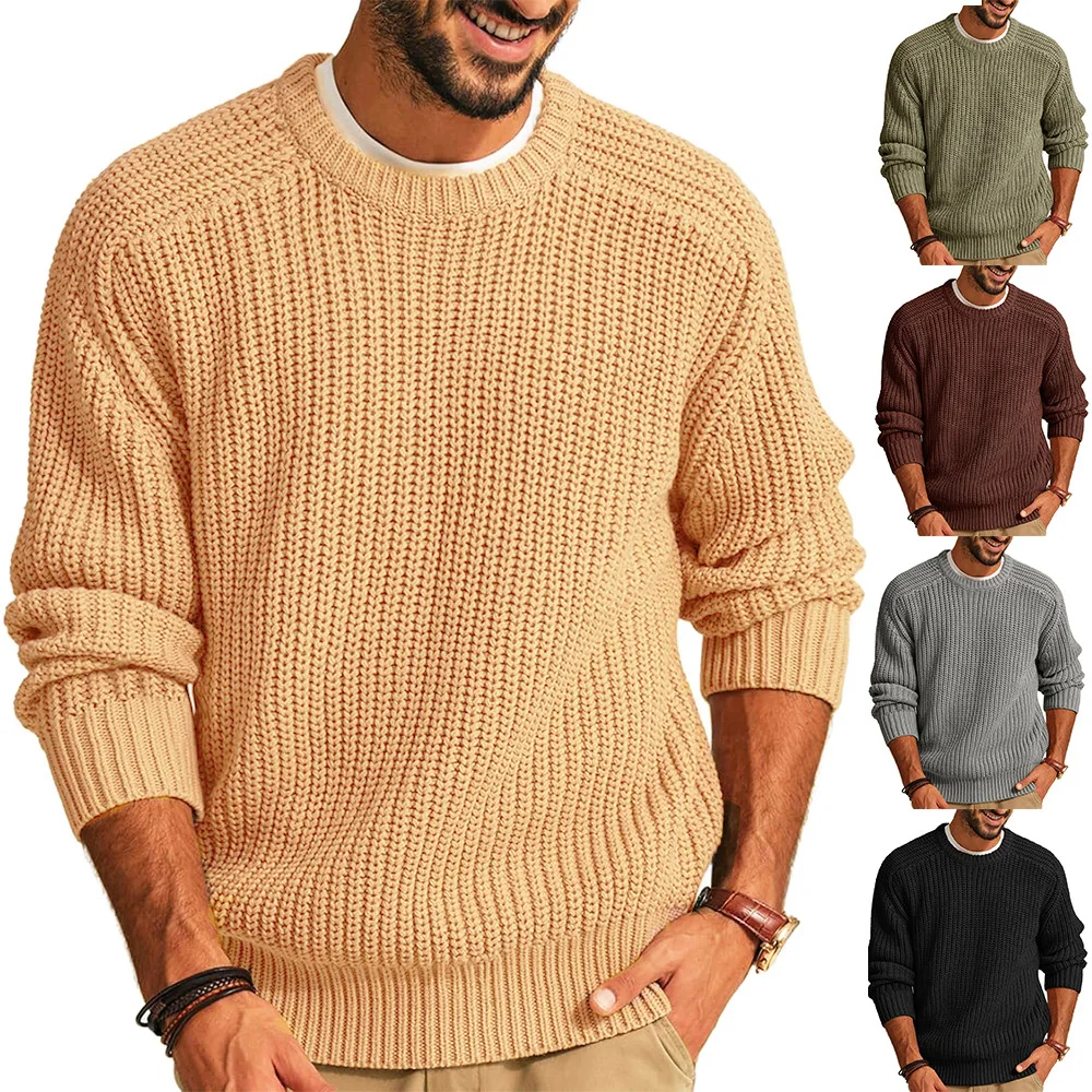 High quality retro top fashionable round neck versatile outdoor daily pullover black winter casual knitted sweater men popular