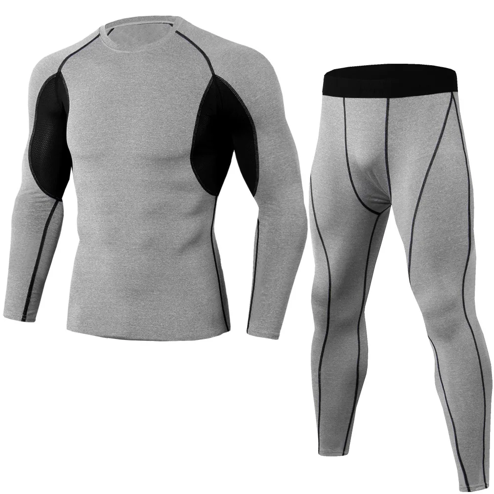 Training Bodybuilding Sport 2 Piece Pants Compression Pants Long-Sleeve T-Shirt Compression Short Tights Men Set