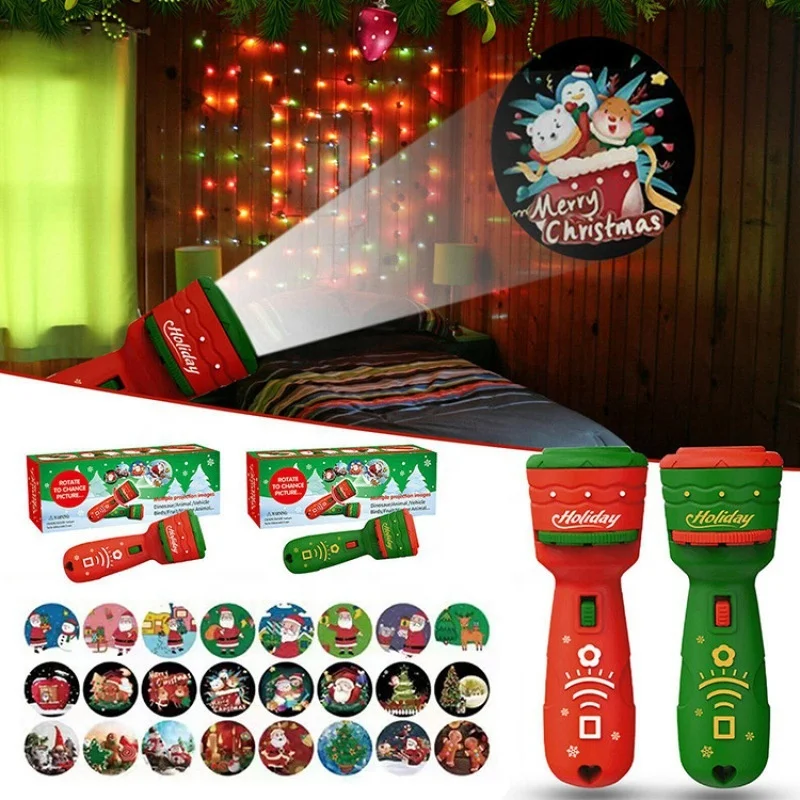 Hot Sale Christmas Toys Kids Glowing Toy Flashlight Slide Projector Torch Projection Light 24 pattern Christmas light