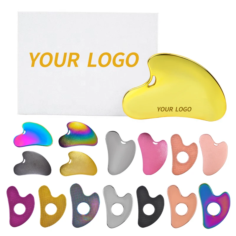 Rainbow Zinc Alloy Metal Face Guasha Massager Custom Logo Body Skin Care Jade Gus Sha Set Stainless Steel Facial Gua Sha Tool