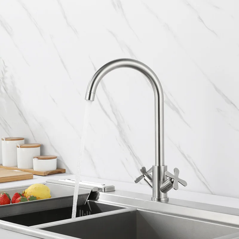 Modern Stainless Steel Dual Handle Swivel Lever 304SS Copper Hole Kitchen Sink Faucet Deck Mount Mixer Tap Set
