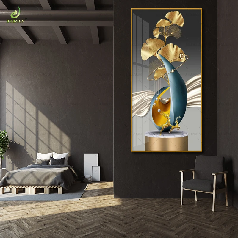 Luxury high-definition printing home decoration canvas painting ginkgo flower crystal porcelain with LED light mural