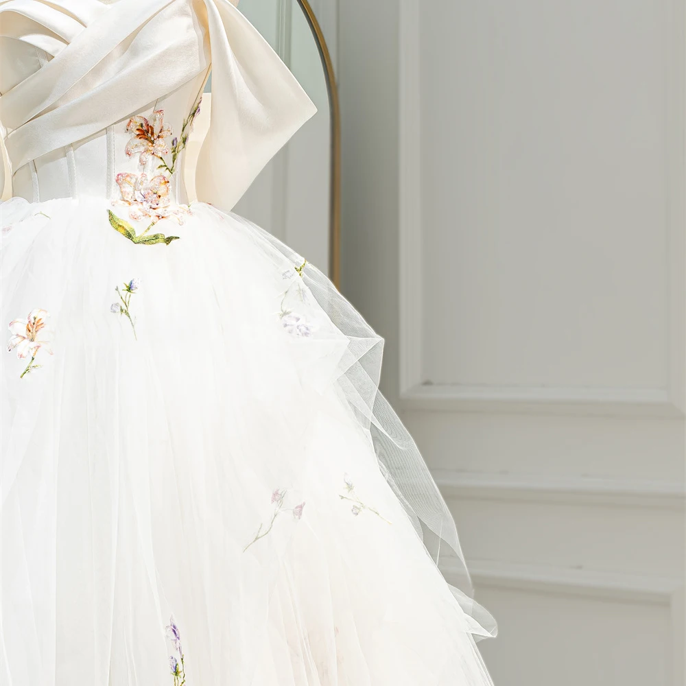 Lily Embroidery Tulle Satin Pleated Off Shoulder Wedding Bride Gown Gowns for Bride RL300-2