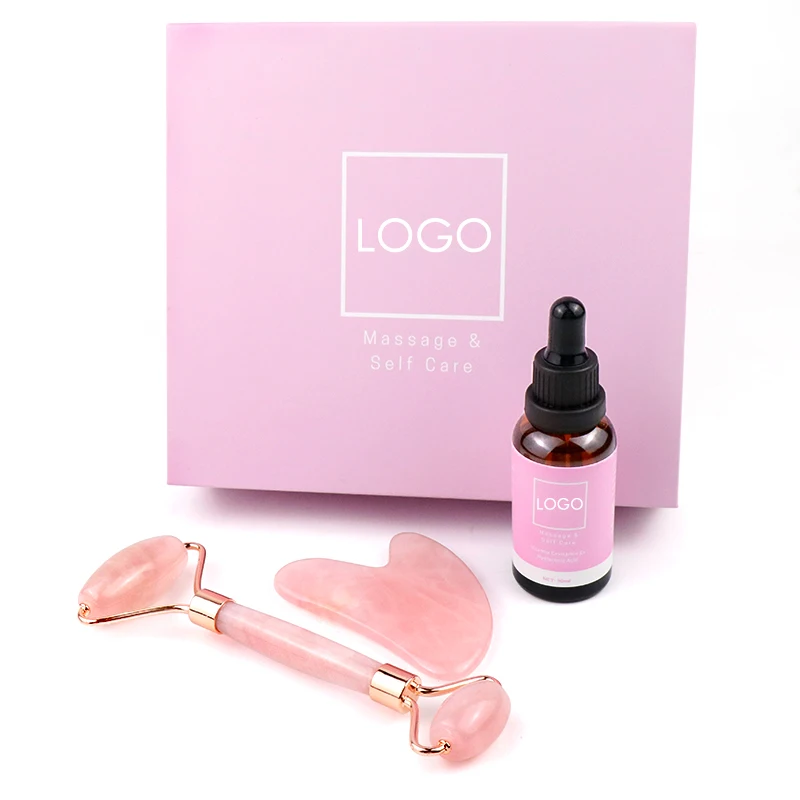 
Original Custom Set 100% Real Natural Rose Quartz Pink Stone Vc Serum Jade Face Roller Kit For Face Skin 