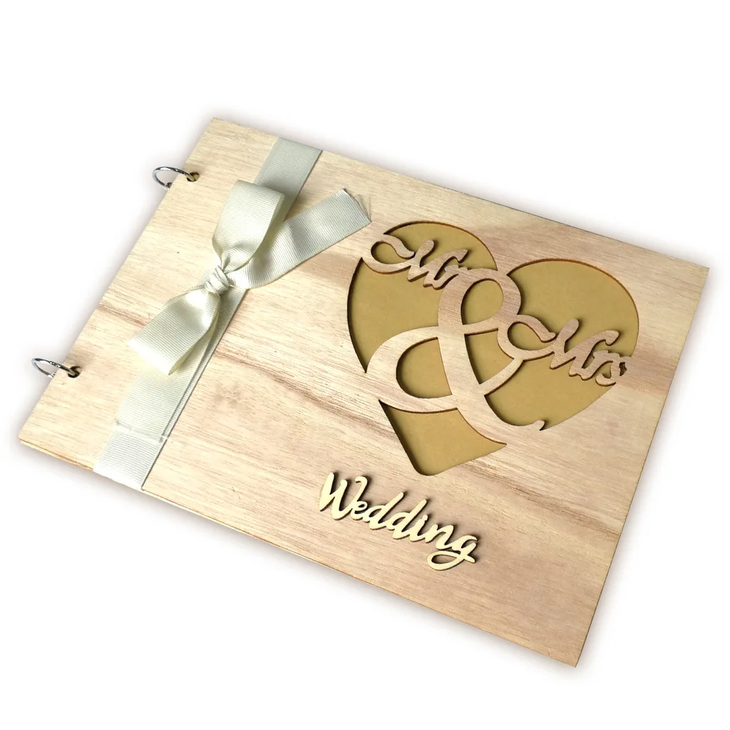 Wedding Party Decoration Supplies Signature Guestbook Photo Album Carving Wooden Craft Mr & Mrs Wedding Guest Book
