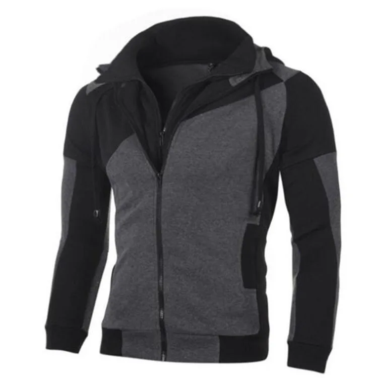 Mens Hoodies Sweatshirts Colorblock Double Zipper Hooded Cardigan for Male Slim Fleece Hoodie Sweatshirt