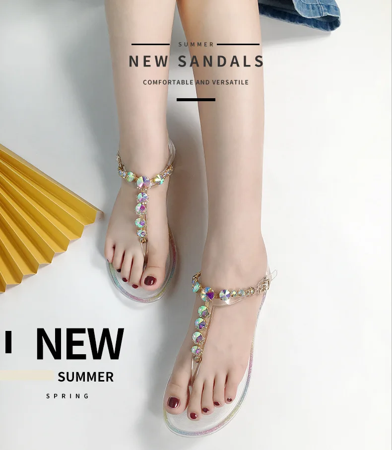 High Quality Summer Jelly Shoes Female Jelly Pvc Female Flat Bottom Transparent Leisure Beach Transparent Crystal Women Sandals