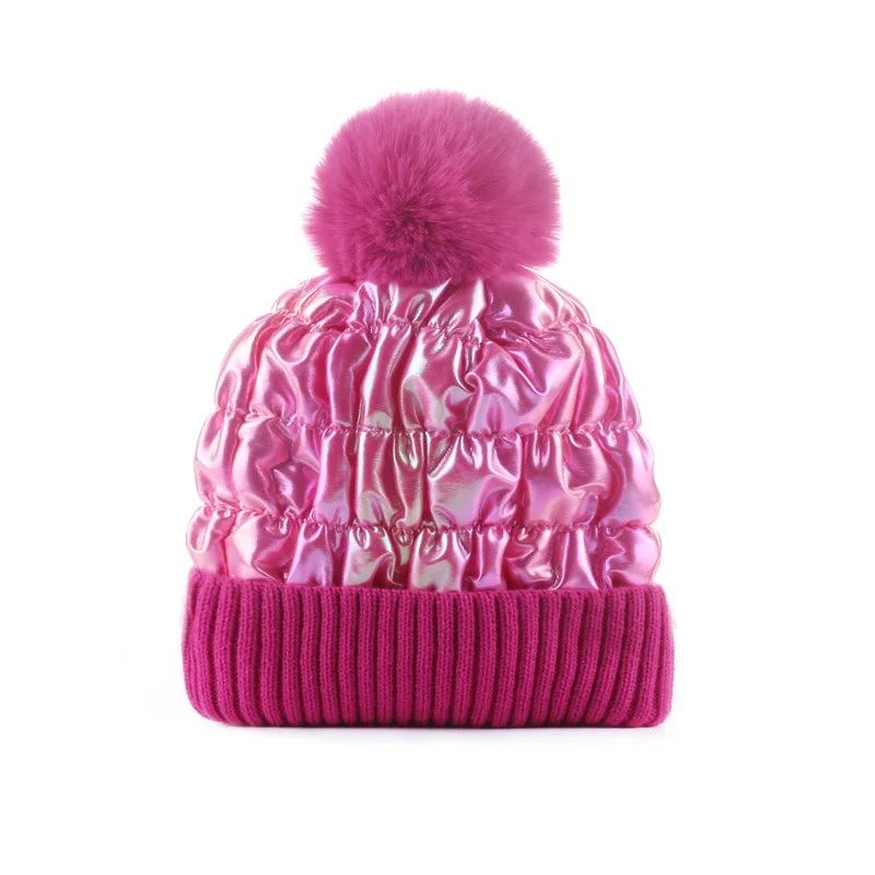 Wholesale Unisex Colorful Laser Sequin Knitted Pompom Hat Fashion Thick Warm Beanies Winter Hat for Women Cap Velvet Fleece Hat