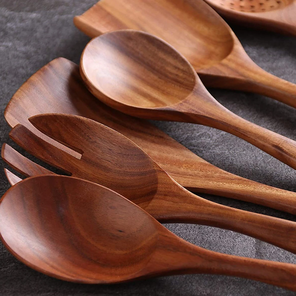 High Quality Custom logo Nonstick Kitchen Long Handle Teak Wooden Spoons for Cooking