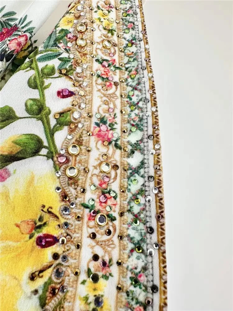 100%Silk Long Dress 2024 Summer Luxury Women Colorful Floral Print Beading Deco Sleeveless Casual Floor Length Dress Beach Maxi