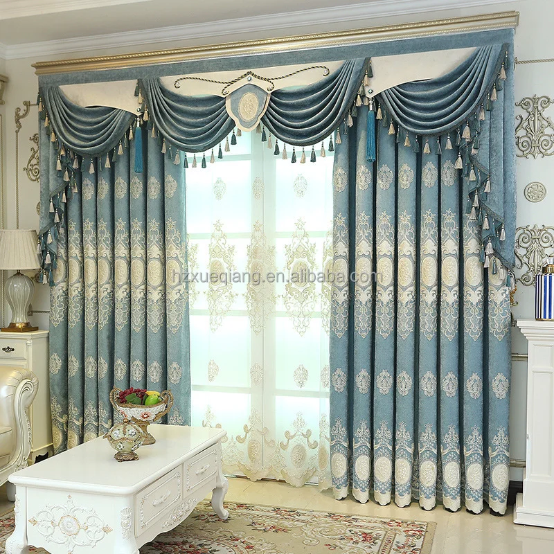 W-049 BDZN Ready-made Luxury European Style Pink Blue Chenille Blackout Embroidered Floral Valance Curtain for the Living Room