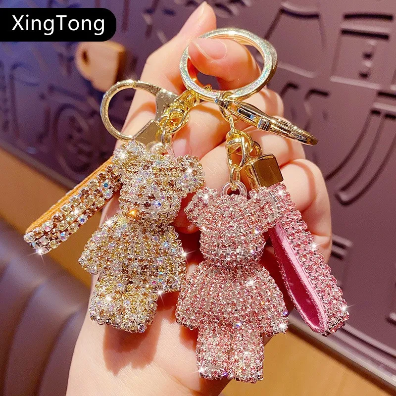 Hot Sell High Quality Crystal Rhinestone Teddy Bear Keychain Leather Key Chain Metal Key Chain