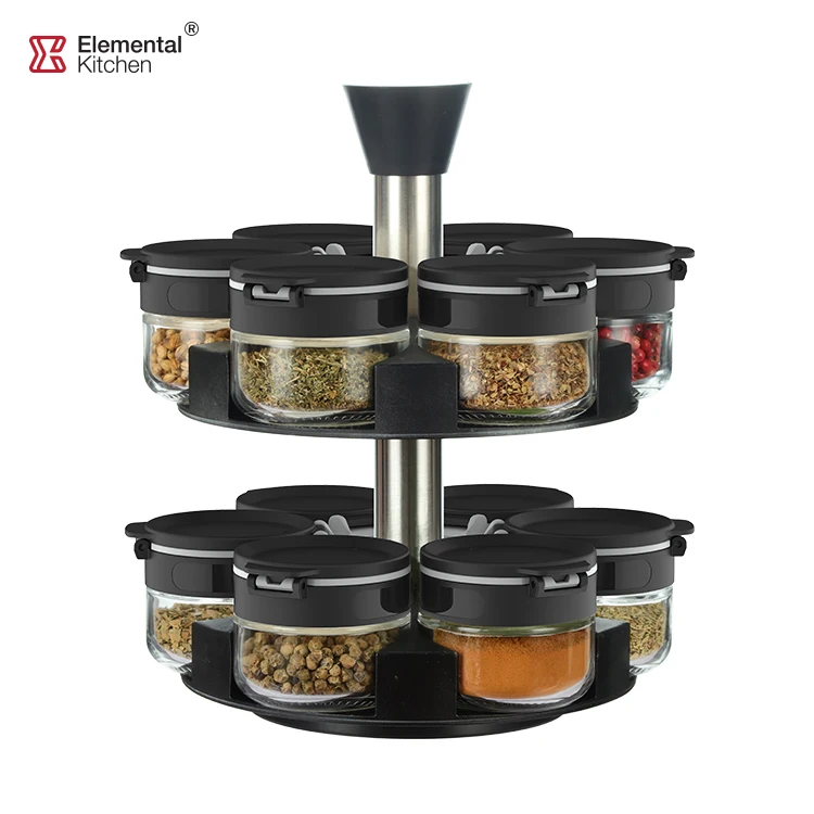 360 rotating 2 tier spice countertop rack with 200ml glass seasoning storage jar