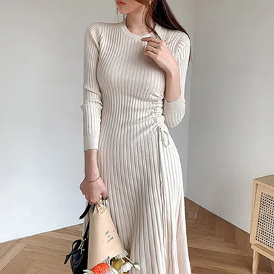 Autumn Winter A-LINE Sweater Elegant knit Drawstring Dress Women Slim Midi Dress Female Chic Knit Elegant Dress