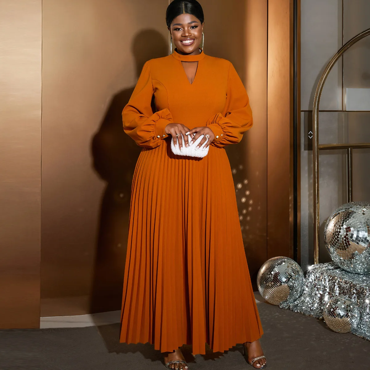 Am03 Spring 2024 African Hollow Out Stand Up Collar Dress Comfortable And Loose Fitting Lantern Sleeve Pleated Long Skirt Dress