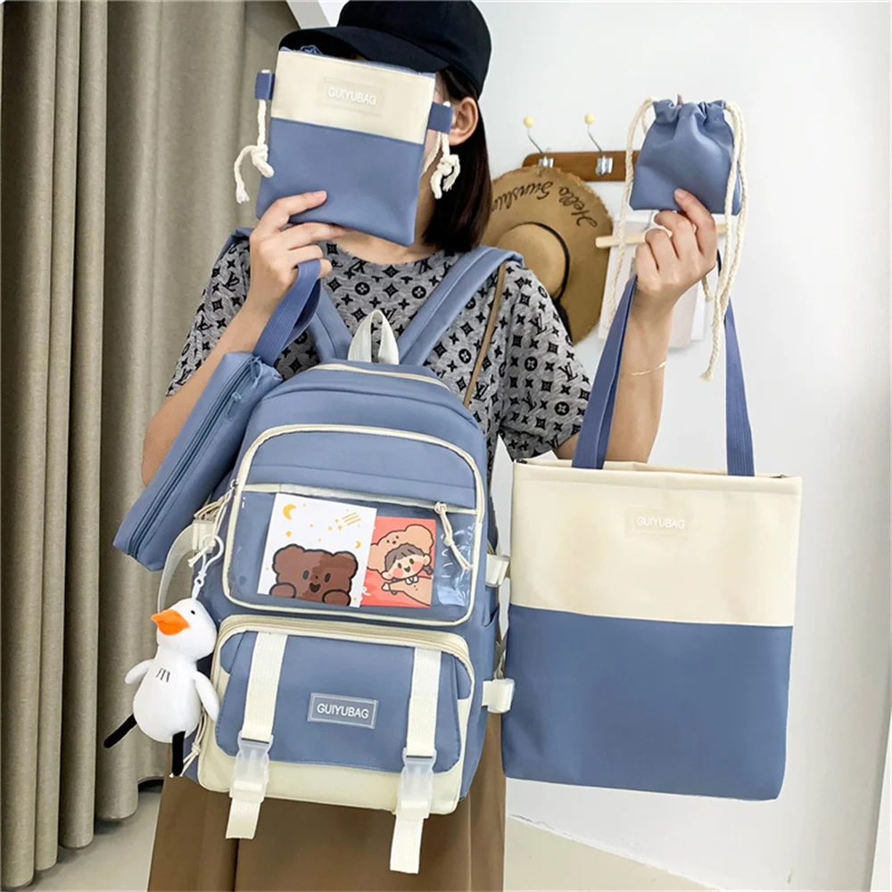Amiqi 2021 New Arrival 4 in 1 Fashion Pink Canvas College Student School Laptop Book Bag with Lunch cooler Pencil