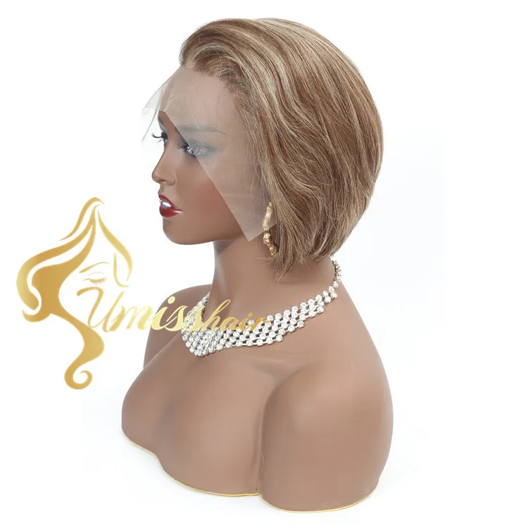 Ombre Color Piano Virgin Remy Hair Lace Frontal Wigs,Raw Indian Swiss Human Hair Pixie Cut Short Full Lace Wig Vendor In UK