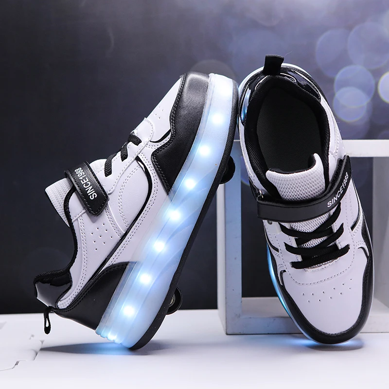 Aikuass LED Light up USB chargeable Roller Shoes Leather Upper Wheeled Skate Sneaker for Boys & Girls Christmas & Birthday Gifts