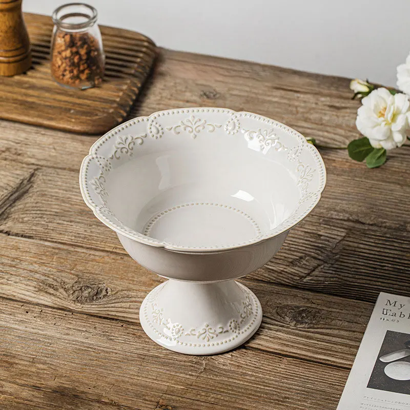 France High Footed Bowl With Flower Embossed Tableware 9 Inch White Porcelain Fruit Ice Cream Bowl Ceramic Serving Tableware