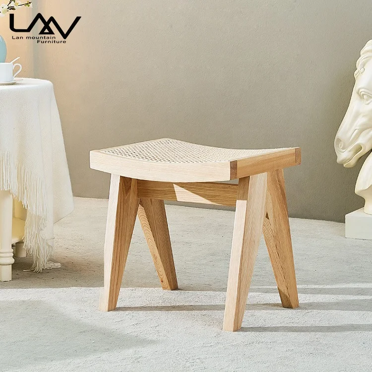 Modern Natural Wood Stool Wooden Rattan / Wicker Foot Stool Chair Living Rooms furniture