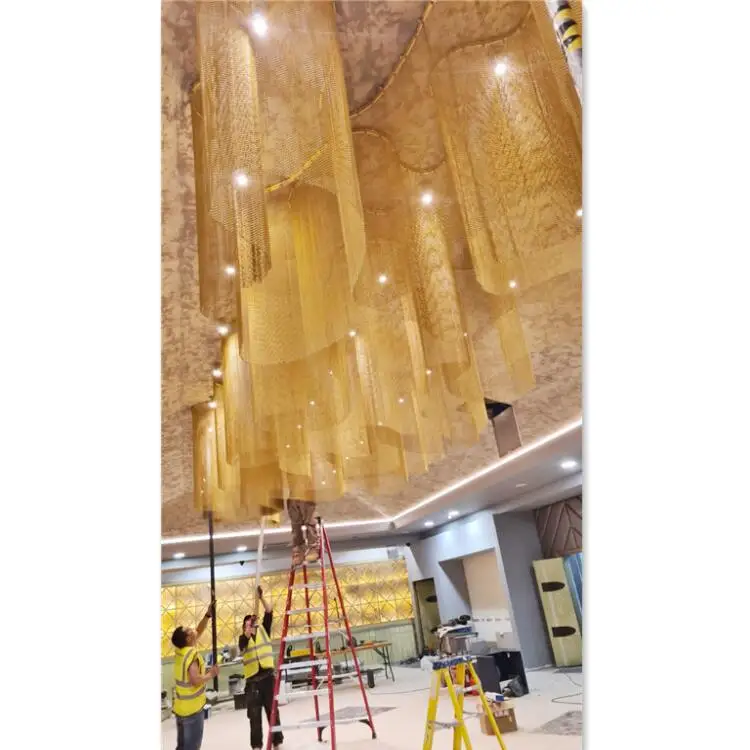 Gold Decorative Metal Coil Aluminium Alloy Wire Screen Mesh Ceiling Curtain Chain Link Strip Drapery for interior decoration