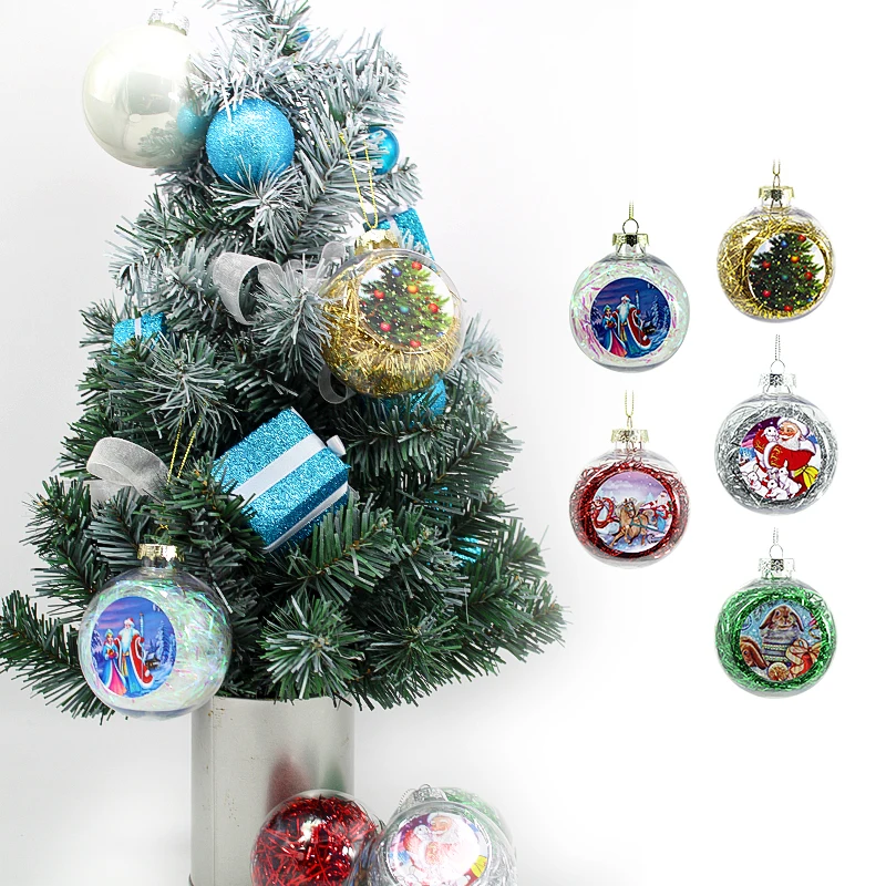 Eco-friendly 6pcs Boxed for home wedding decor PET Transparent Pendant 60mm Christmas Ball With Ribbons