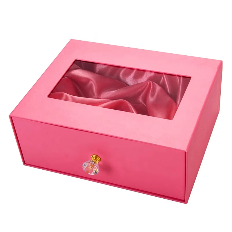 
Luxury hair extension gift or wigs packaging drawer boxes with crystal handle and silk inside 