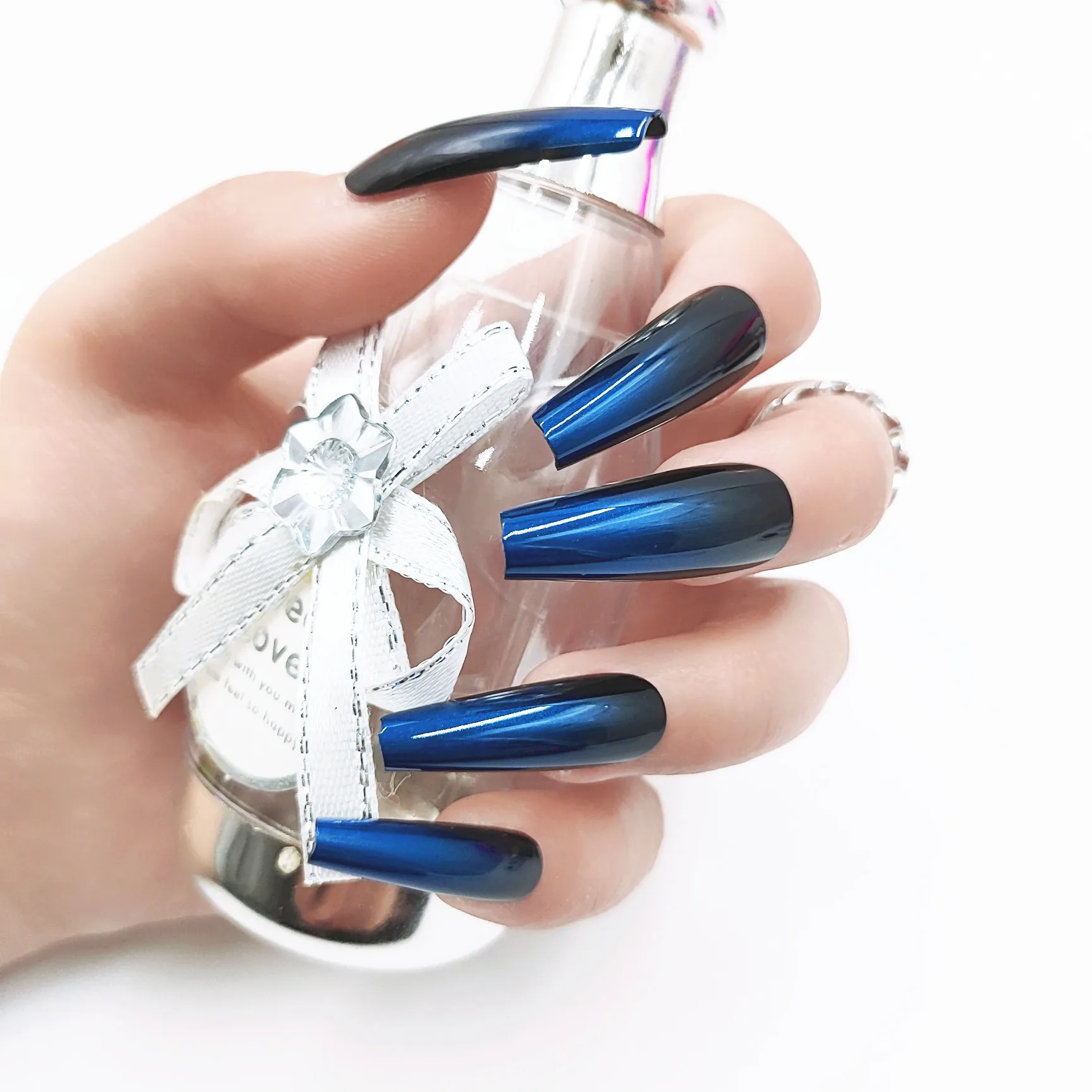 Wholesale 3D Nail Art Long Coffin Acrylic French Pre Design False Nails Tips Back Glue Press On Nail Tips Artificial Fingernails