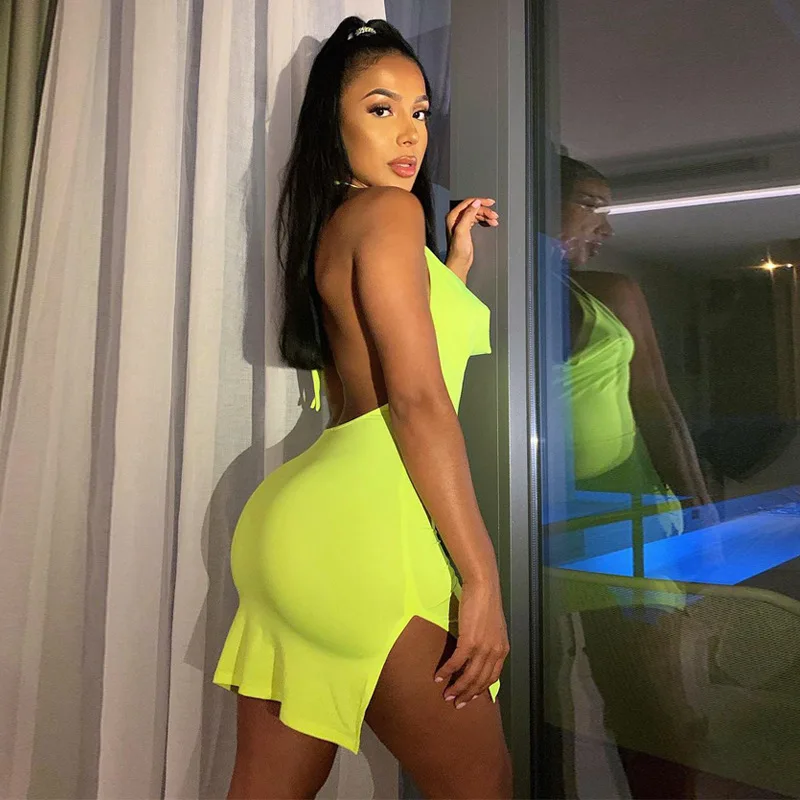 2022 spring new ins hot design v-neck halter butt split sexy backless ladies mini dress women apparel casual club dress