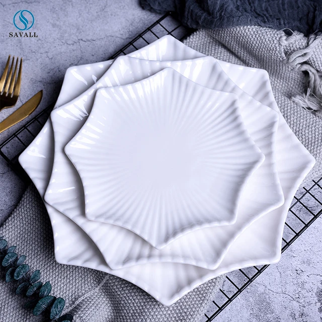 Savall HoReCa White ceramic tableware hot dishes Octagonal lotus leaf shape plate dishes  hotel restaurant creative