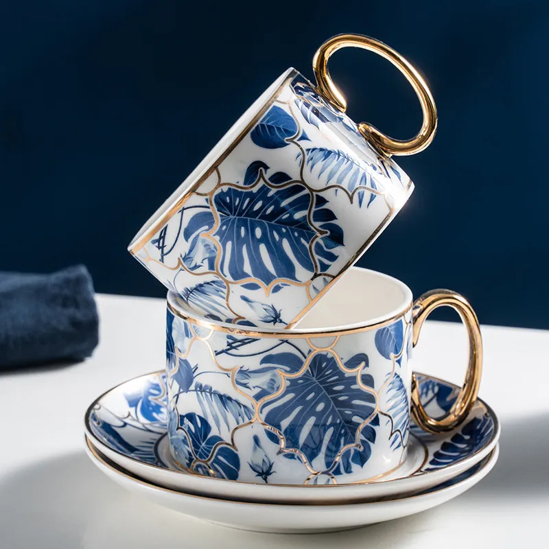 
European Royal Porcelain Tea And Coffee Set Luxury Blue Banana Leaf Design Bone China Tea Cup Set 