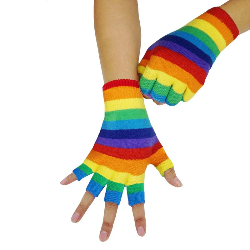 Autumn Winter Fashion Rainbow Striped Fingerless Gloves Ladies Colorful Warm Knitted Half Finger Gloves Mittens Men and Women