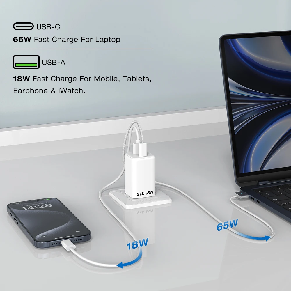 GaN PD 65W EU Multi-Port PD PPS QC Type-C Wall Phone Fast Charger for Laptop Tablet