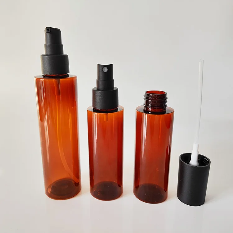 Wholesale 100ml 150ml 200ml Plastic Essence Emulsion Cosmetic Serum Press Pump Head Amber Bottle with Sprayer
