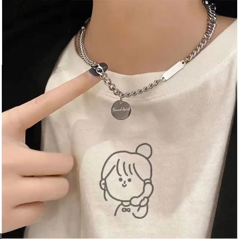 
Cool wind retro round letter Necklace hip hop women adjustable niche sweater chain stitching chain 