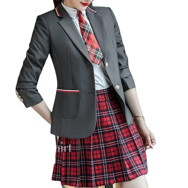 custom Japanese style school suit pleated short skirt white shirt and tuxedo jacket four piece set for girl